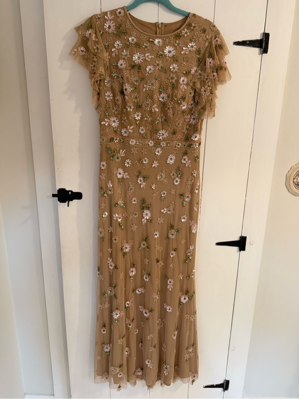 Mac Duggal Beige Floral Embellished Maxi Dress